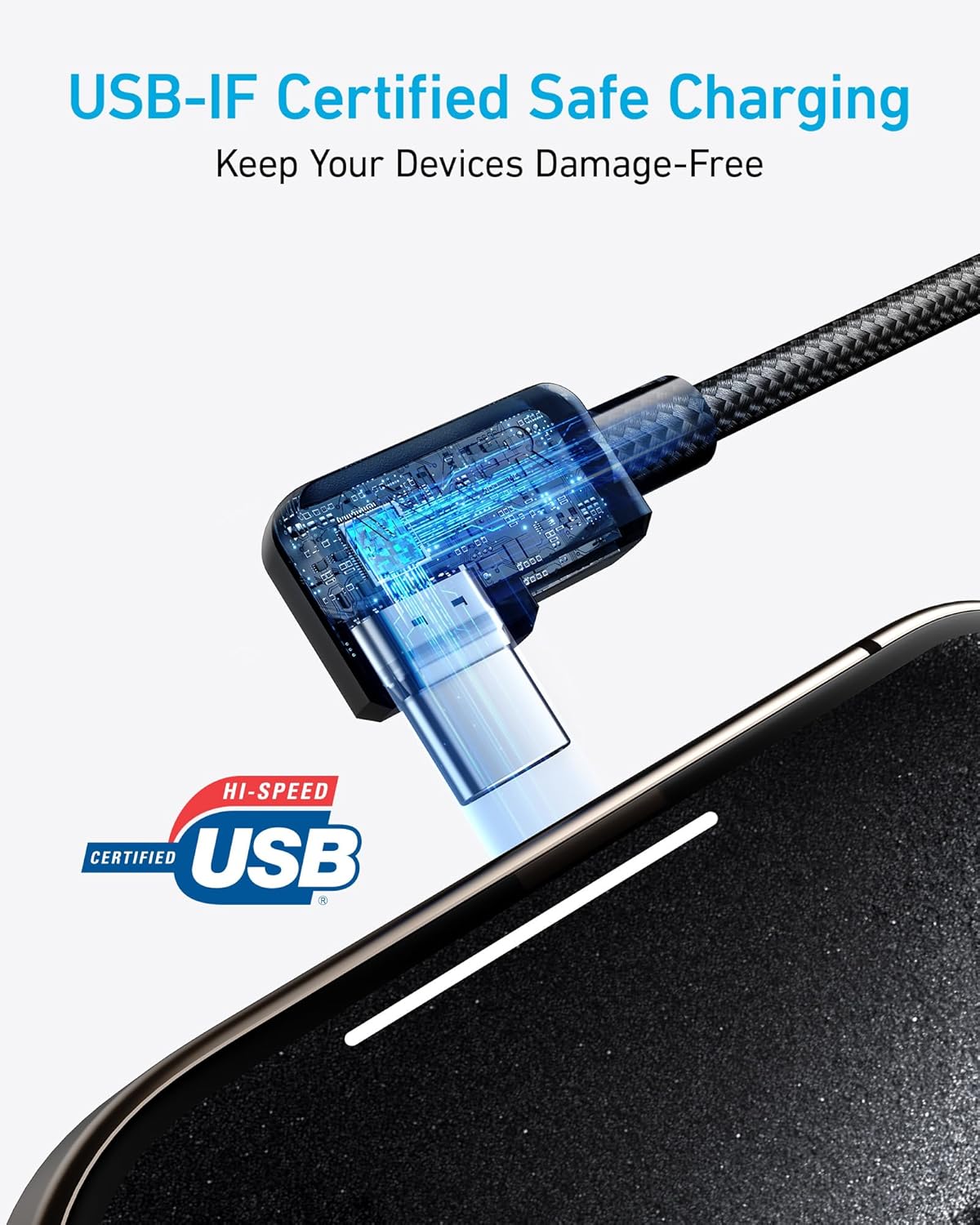 Anker Right Angle USB-A to USB-C Cable 6FT (2 Pack) – Durable 90° Braided Fast Charging Cord – Black