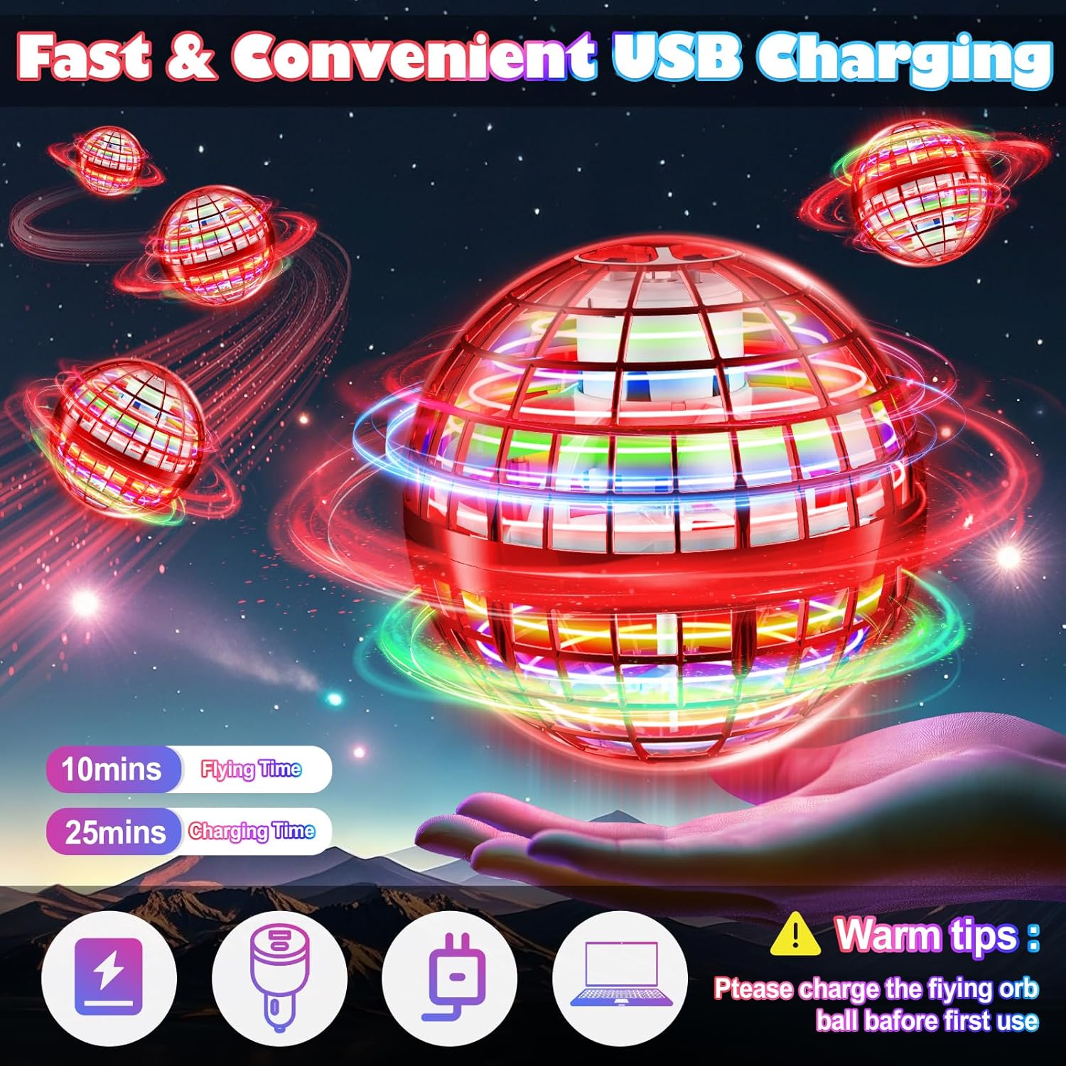 Flying Orb Ball 2025 – Hover Boomerang Spinner Fly Toy | Hand-Controlled Mini Drone Cosmic Globe for Kids (Ages 6–12) – Red