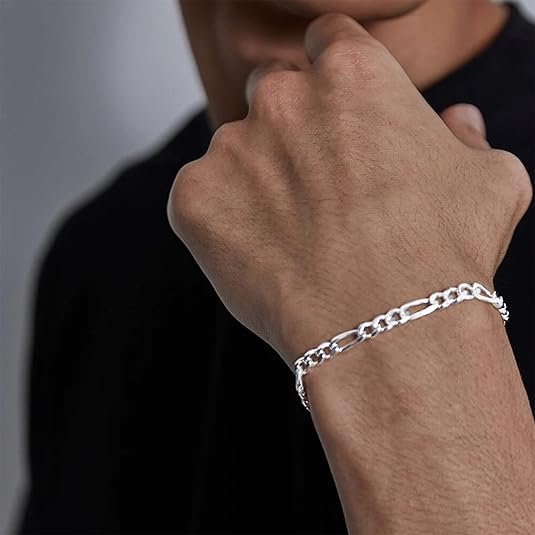 BRIJEWNES 925 Sterling Silver Figaro Chain Bracelet – 4/5mm Diamond Cut for Men & Women, Jewelry Gift
