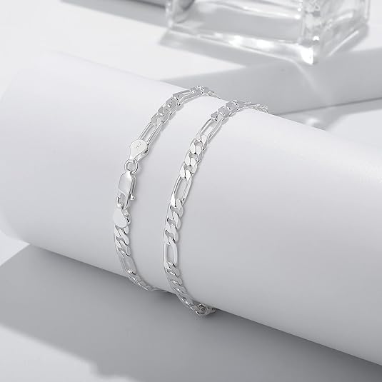 BRIJEWNES 925 Sterling Silver Figaro Chain Bracelet – 4/5mm Diamond Cut for Men & Women, Jewelry Gift